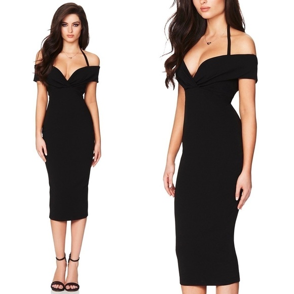 Nookie Athena Off The Shoulder Midi Dress in Black Medium - Picture 1 of 7